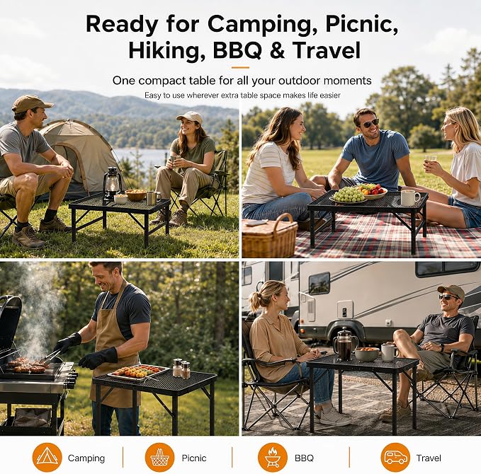 Folding Grill Table Camping Table with Mesh Desktop, Lightweight & Portable Outdoor Picnic Table, Height Adjustable Portable for Outside Inside Use