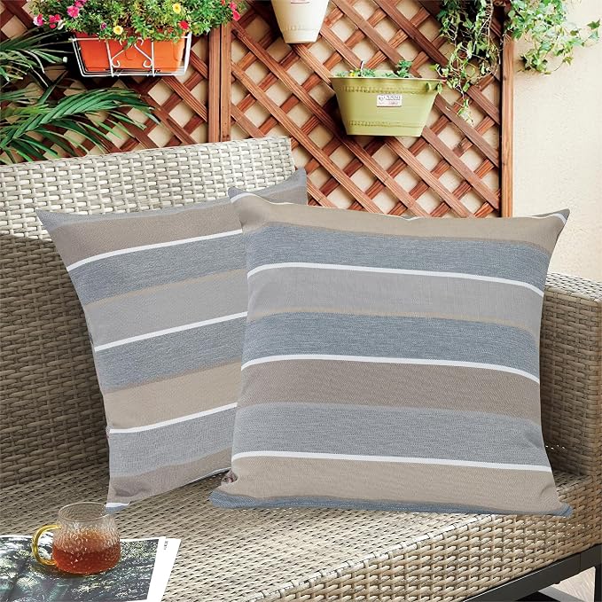FUNHOME Outdoor Throw Pillows with Insert 18x18 Inch Pack of 2-Grey Stripe | Decorative Throw Pillows with Inserts, Water-Repellent, Square Pillows for Bed, Couch, Sofa and Patio Furniture