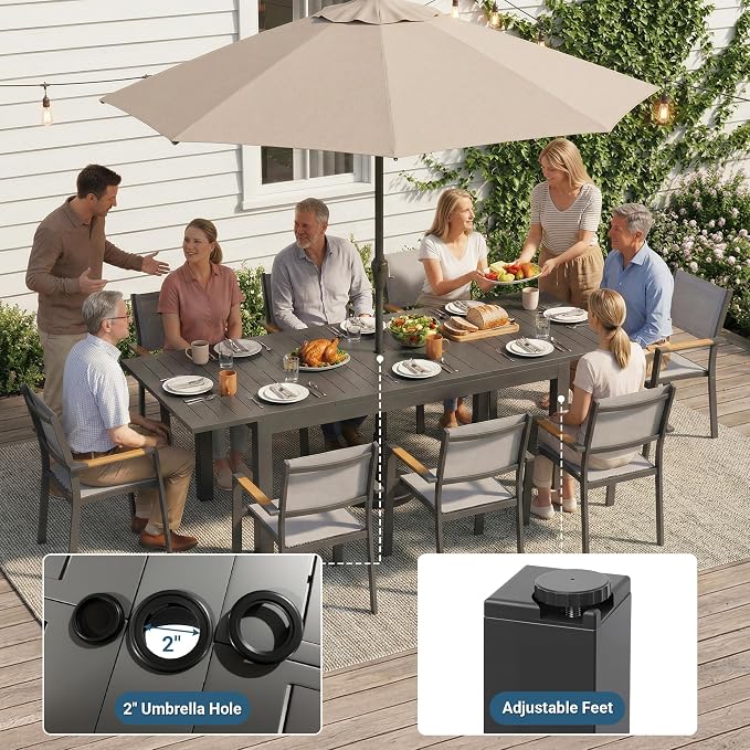 FansaFurn Patio Furniture Set with 92" Extendable Dining Table, Patio Table Set for 4–8 People, All-Weather Aluminum Outdoor Furniture, Outdoor Dining Set for Backyard, Porch, and Garde, Grey