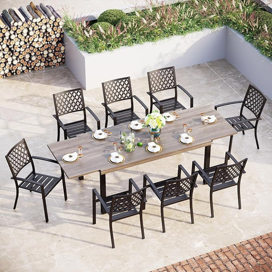 Sophia & William Patio Table and Chairs Set, Outdoor Dining Set for 8, 9 Piece Metal Patio Furniture, 99" Expandable Rectangular Table with Wood-Like Tabletop(Diamond)