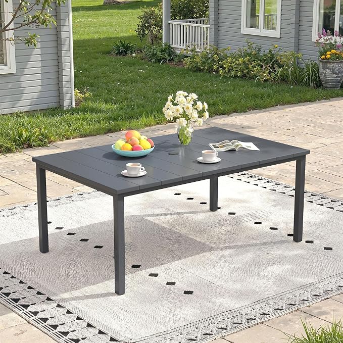 Outdoor Dining Table for 6, 63" Rectangle Outdoor Table with Adjustable Umbrella Hole, All-Weather Metal Patio Dining Table for Lawn Garden Backyard Deck, Dark Grey