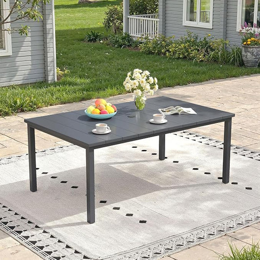 Outdoor Dining Table for 6, 63" Rectangle Outdoor Table with Adjustable Umbrella Hole, All-Weather Metal Patio Dining Table for Lawn Garden Backyard Deck, Dark Grey