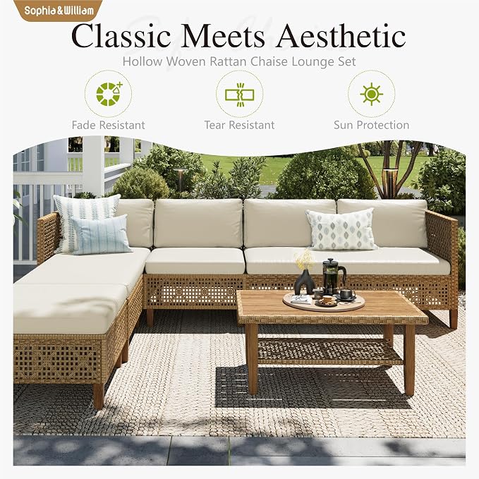 Sophia & William Outdoor Rattan Sofa Set with Thick Cushions & Coffee Table, Weather-Resistant Patio Furniture Set Sectional Couch for Patio Backyard Deck(Beige)