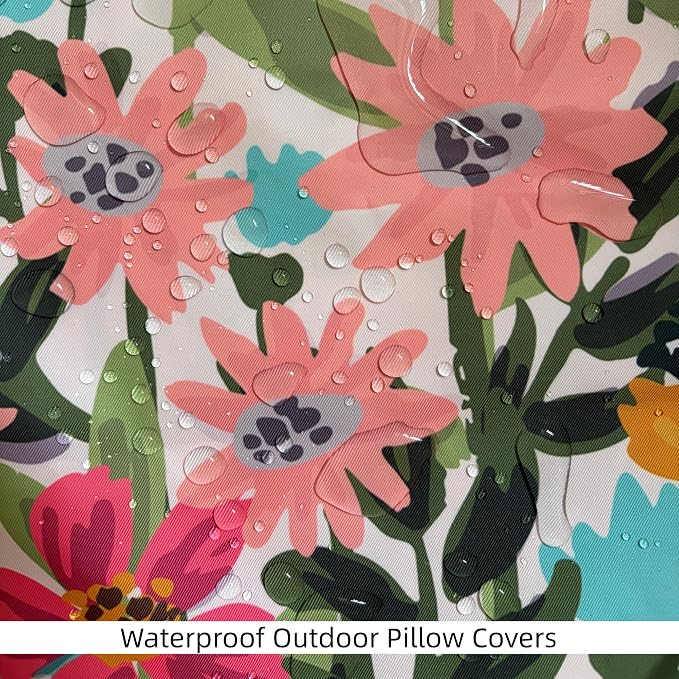 Pyonic Outdoor Pillows Covers Pack of 2 Spring Summer Floral Waterproof Throw Pillow Covers 18X18 inch Outdoor Pillows for Patio Furniture Garden Square Outside Waterproof Pillow
