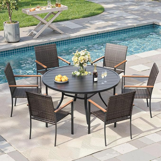 Round Patio Dining Set for 6, 47.2" Round Metal Table with Umbrella Hole and Stackable Wicker Patio Chairs, Outdoor Furniture Set for Deck Backyard Garden, Walnut Chairs, Black Table