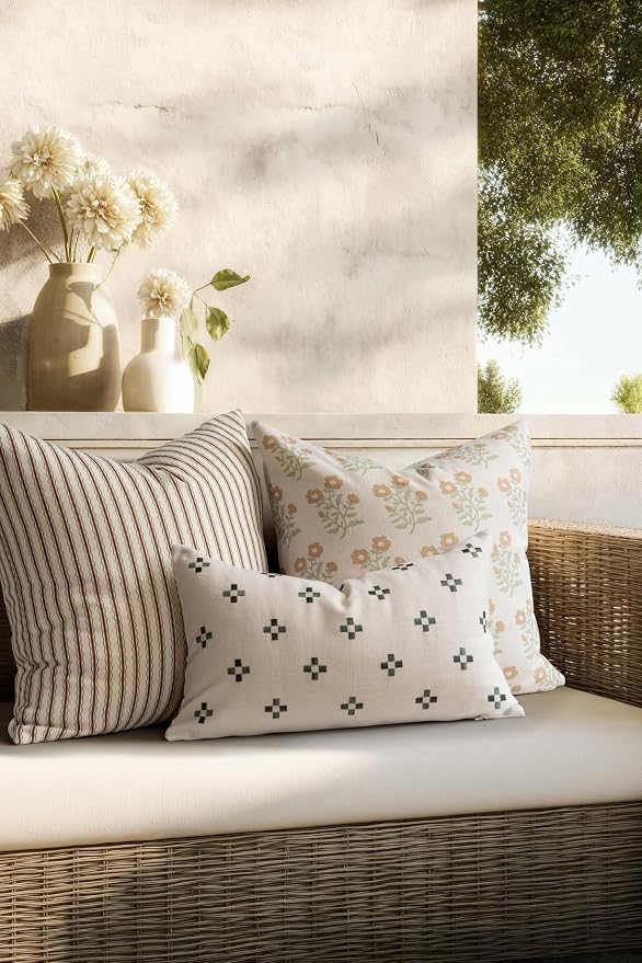 Modern Farmhouse California Casual Indoor Outdoor Throw Pillow Cover, 20"x20" Water Repellent for Patio, Backyard, Couch, Poolside, Ivory Cream Tan Green Print Block Painting Flowers