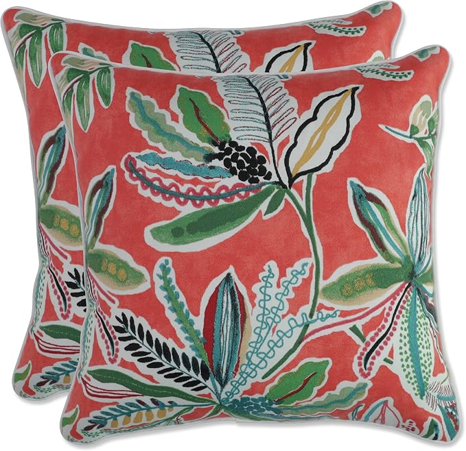 Pillow Perfect Botanical Indoor/Outdoor Throw Pillows, 2 Count, Accent - 16.5" x 16.5", Orange Sunny Daze