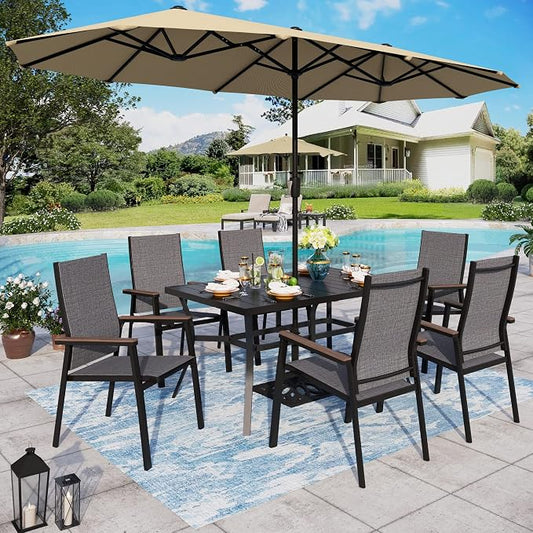 Sophia & William Patio Dining Set for 6 Patio Furniture Set 8 Pieces with 13ft Double-Sided Patio Umbrella Beige, 6 x Aluminum Patio Dining Chairs, 1 Patio Dining Table for Lawn Garden Backyard