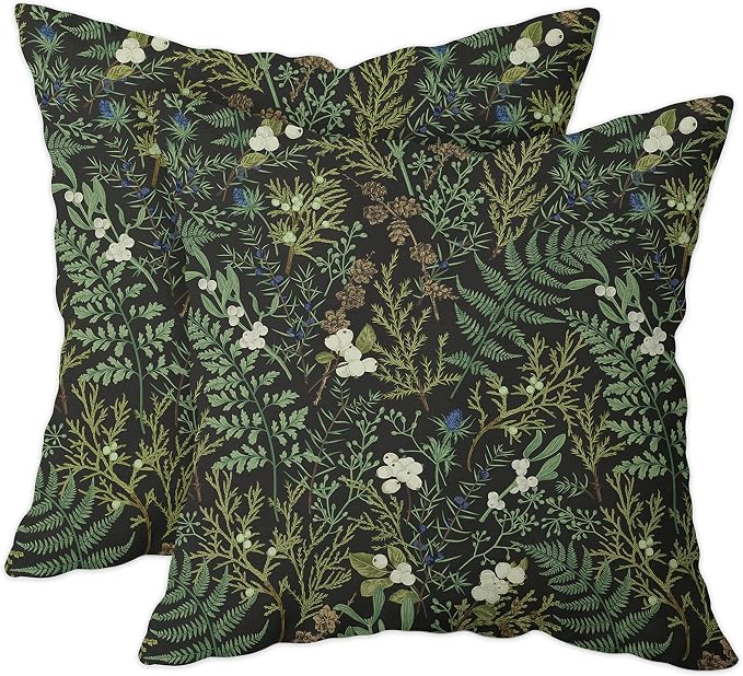 Green Plant Throw Pillow Covers 18x18 Inch Set of 2 Black Green Botanical Leaf Pillow Covers Vintage Floral Cushion Cover Farmhouse Waterproof Decor for Living Room Bedroom Sofa Patio Outdoor