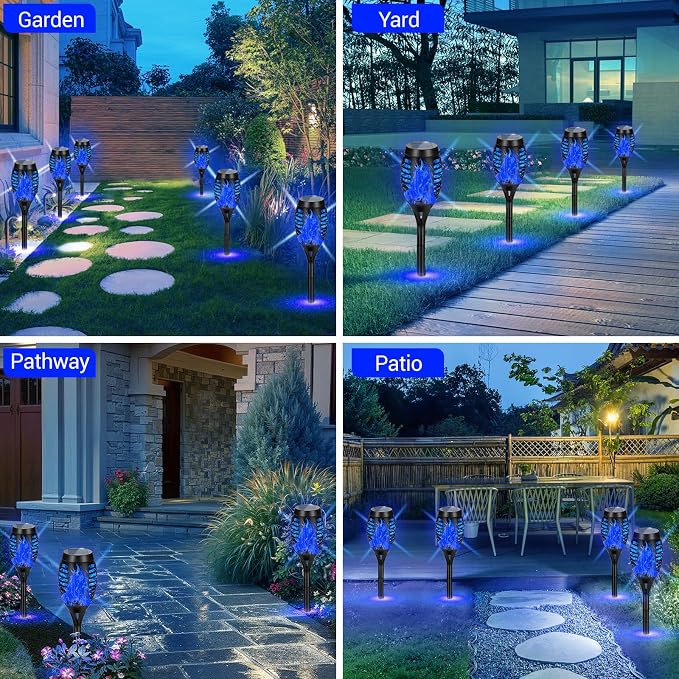4 Pack Solar Torch Lights Outdoor Waterproof - Blue Flickering Flame, Outdoor Solar Garden Lights for Yard, Tiki Torches for Outside Patio Pathway Decorations