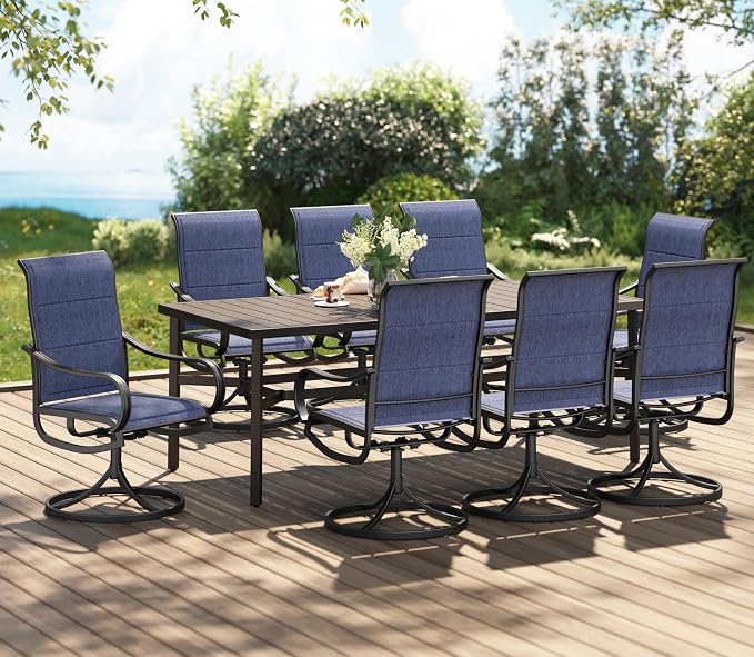 PHI VILLA 9 Piece Outdoor Dining Set for 8 Person, 82'' Rectangle Metal Slat Table and 8 Swivel Padded Patio Chairs, All Weather Patio Table and Chairs Set for Deck Garden Yard (Blue)