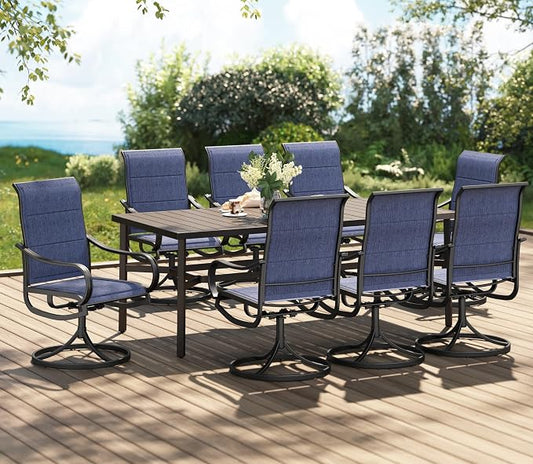 PHI VILLA 9 Piece Outdoor Dining Set for 8 Person, 82'' Rectangle Metal Slat Table and 8 Swivel Padded Patio Chairs, All Weather Patio Table and Chairs Set for Deck Garden Yard (Blue)