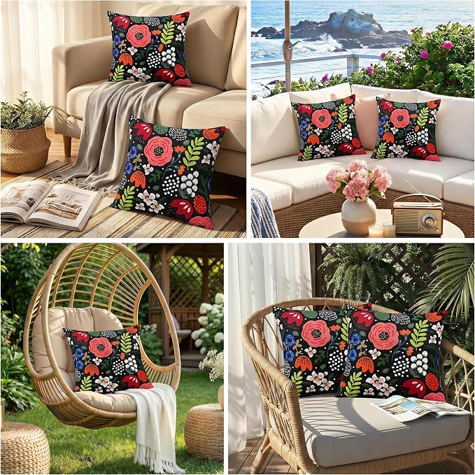 Pyonic Waterproof Outdoor Pillow Covers 18x18 Set of 2, Colorful Floral Decorative Cushion Covers for Patio Furniture, Garden, Balcony,Sunbrella，Boho Nordic Outdoor Indoor Home Decor，Black