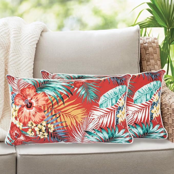 Lumbar Pillow Covers Set of 2, Outdoor Indoor Waterproof Decorative Patio Lumbar Pillowcase Shell 12x20 Inch, Rectangular Cushion Case for Couch Sofa Garden Farmhouse-Chili Red Floral