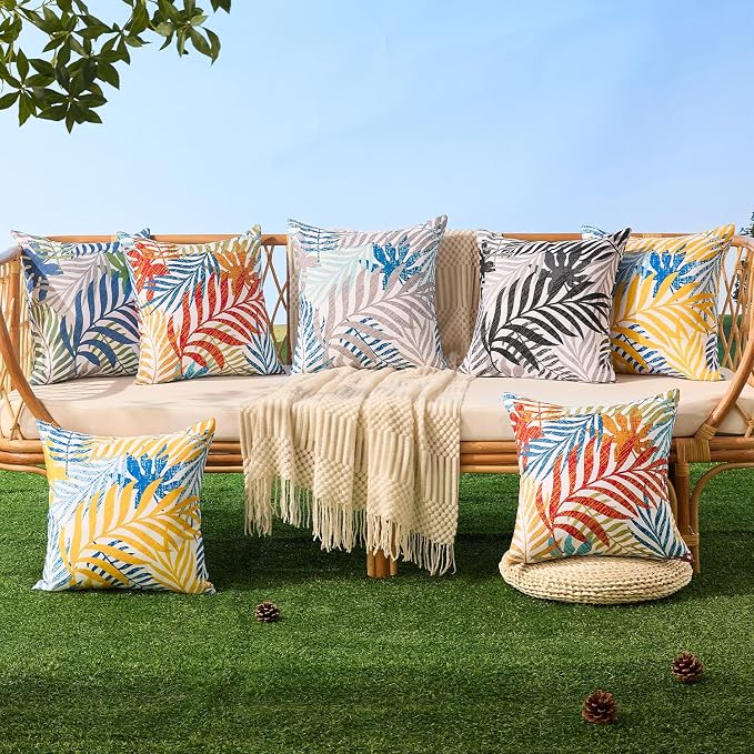 Outdoor Pillow Covers 18x18 Set of 2 Hawaii Tropics Palm Leaves Blue Green Gray Floral Pattern Decoration Pillow Covers for Spring Summer Outdoor Waterproof Garden Patio Sofa Bed Decor JB010-E18