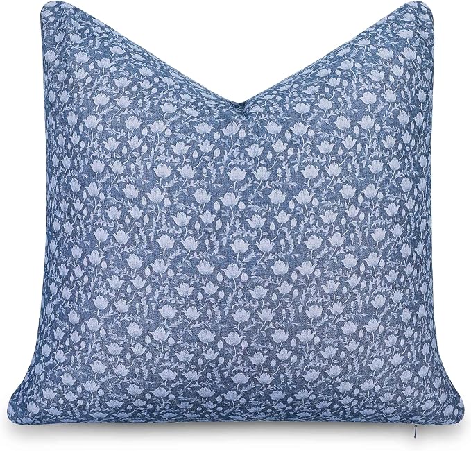 California Casual Coastal Indoor Outdoor Throw Pillow Cover, 22"x22" Water Repellent for Patio, Backyard, Couch, Poolside, Azure Blue Print Botanical Flowers and Leaves