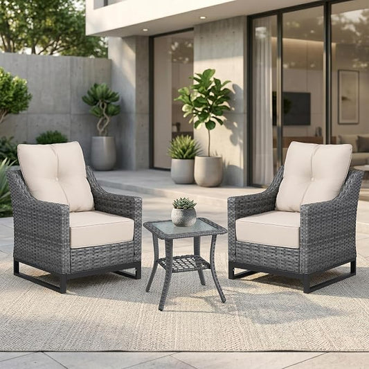 3 Piece Patio Furniture Set, Grey Wicker Outdoor Conversation Set with 2 Wicker Chairs and Side Table, 6-Inch Thick Cushions, High Back Seating, Beige Olefin Covers for Porch, Deck