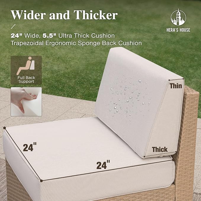 HERA'S HOUSE 7 Piece Patio Furniture Set, Outdoor Sectional Wicker Sofa with Fire Pit Table, 5.5" Thick Waterproof Cushion All Weather 5 Seats Modular Conversation Set for Garden Deck Backyard