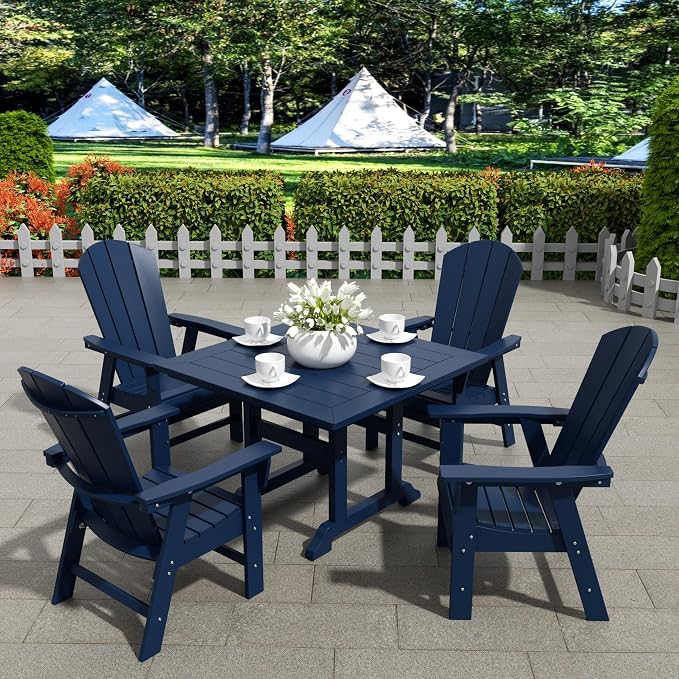 WestinTrends Malibu Outdoor Dining Table, All Weather Poly Lumber Adirondack 43" Trestle Square Patio Table with Umbrella Hole, Navy Blue