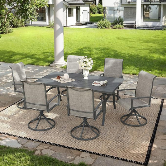 VICLLAX 7 Pieces Outdoor Dining Set, Patio Furniture Set Includes 63" Rectangular Metal Table W/ 1.9" Umbrella Hole and 6 Padded Textilene Swivel Chairs for Porch, Lawn, Garden, Backyard