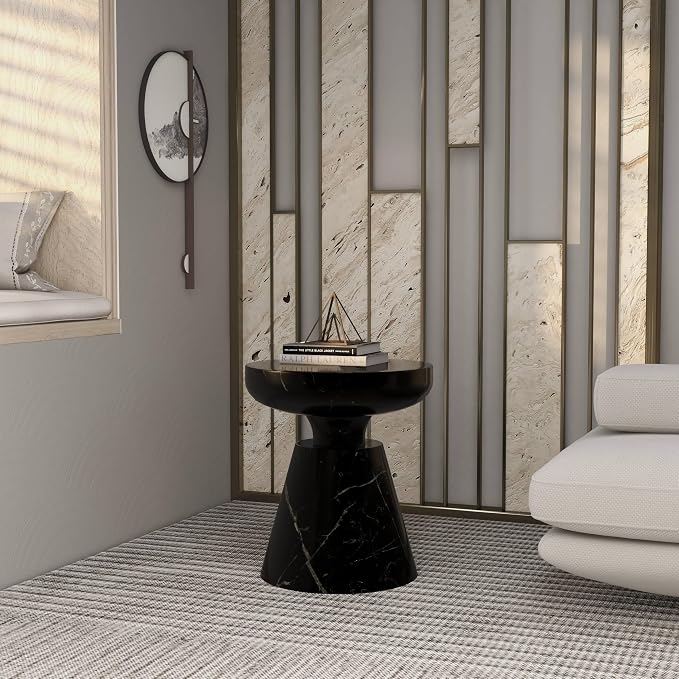 LeisureMod Isle Series Modern End Table – Minimalist Round Fiberstone Tabletop with Pedestal Base, Accent Side Table for Living Room, Bedroom, Patio in Marble Black