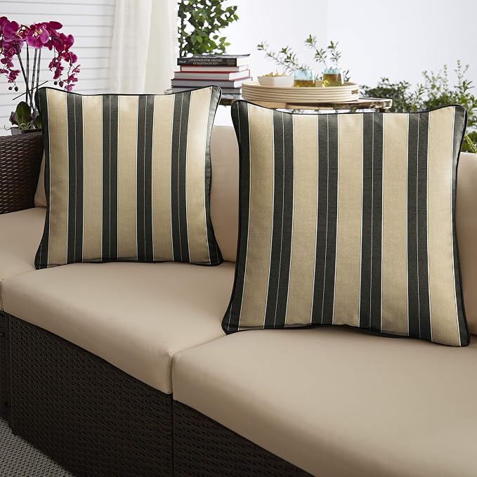 Sorra Home x Sunbrella - Square Pillows (Set of 2), Tan & Black Stripes