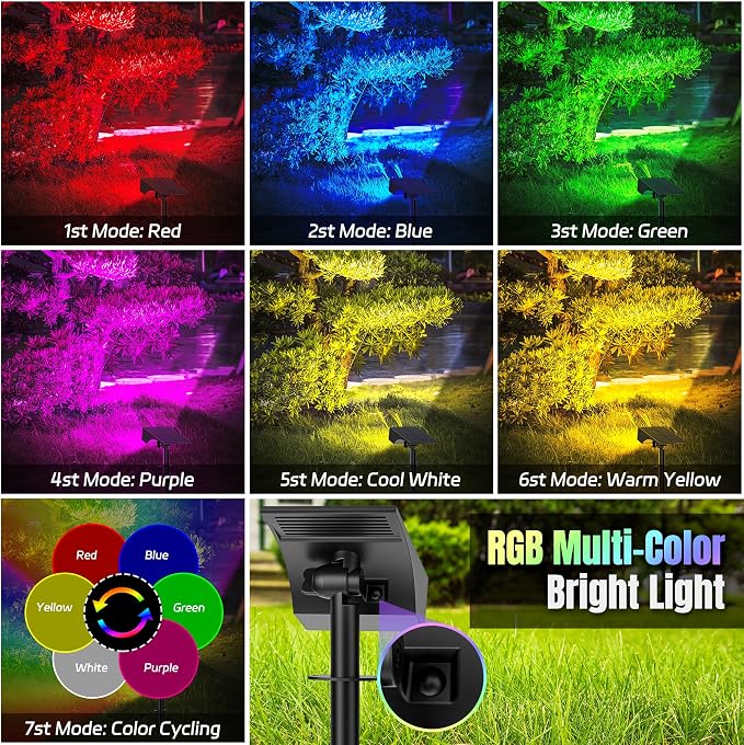 Solar Lights Outdoor Waterproof Landscape Spotlight Color Changing 2 Pack | 7 Lighting Modes, WENATY Solar Spot Lights Led Powered Flood for Halloween & Christmas Decorations Yard Garden House Tree