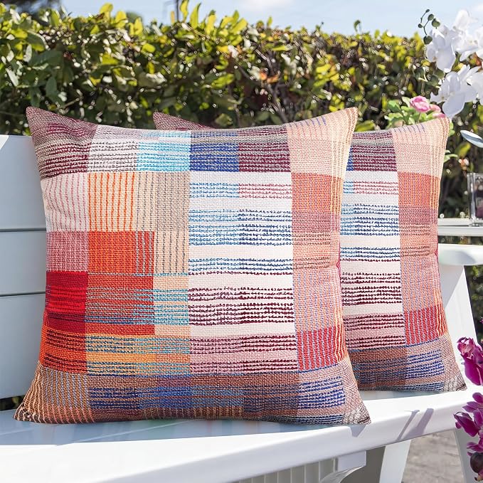 Adabana Patio Striped Outdoor Pillow Covers Waterproof Set of 2, 18"x18" | Colorful Decor, Blue Outdoor Pillows for Patio Furniture Garden Porch