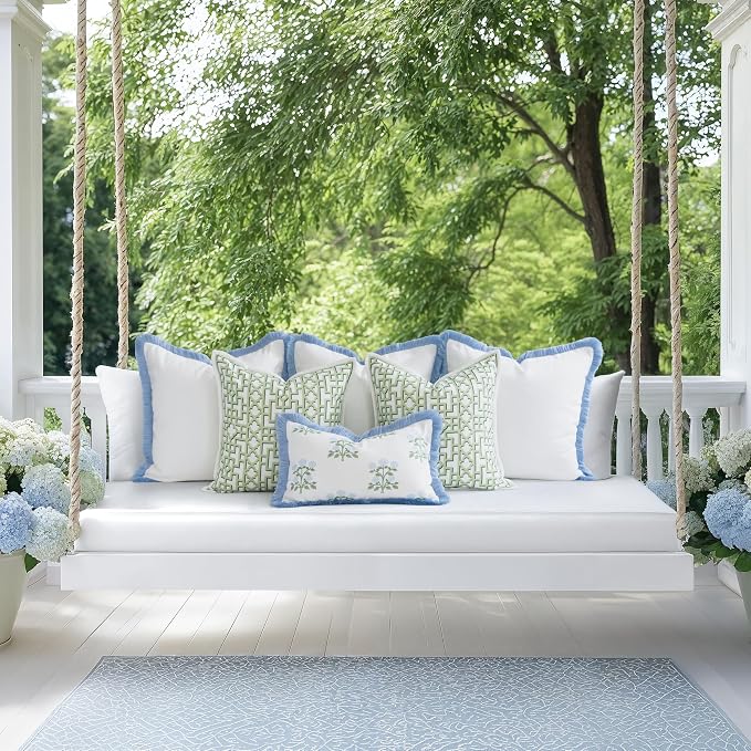 Hofdeco Premium Grandmillennial Coastal Hampton Patio Indoor Outdoor Lumbar Pillow Cover Only, 12"x20" Water Repellent for Backyard, Couch, Poolside, Baby Blue Green Print Hydrangea Flowers