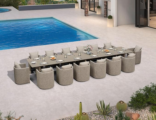 PURPLE LEAF 189-Inch Aluminum Patio Dining Set for Grand Party Hosts, 15-Piece Outdoor Dining Table and Chairs with Sun-Resistant Olefin Cushions for Backyard Dinner Parties and Poolside Hosting Beige