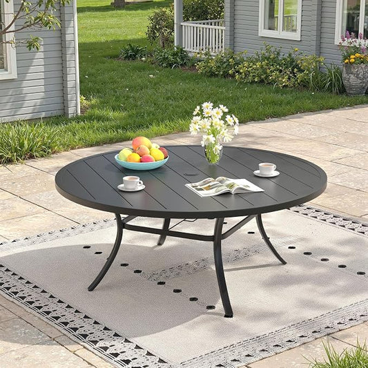 Outdoor Dining Table for 8, 60" Round Outdoor Table with Adjustable Umbrella Hole, All-Weather Metal Patio Dining Table for Lawn Garden Backyard Deck, Black