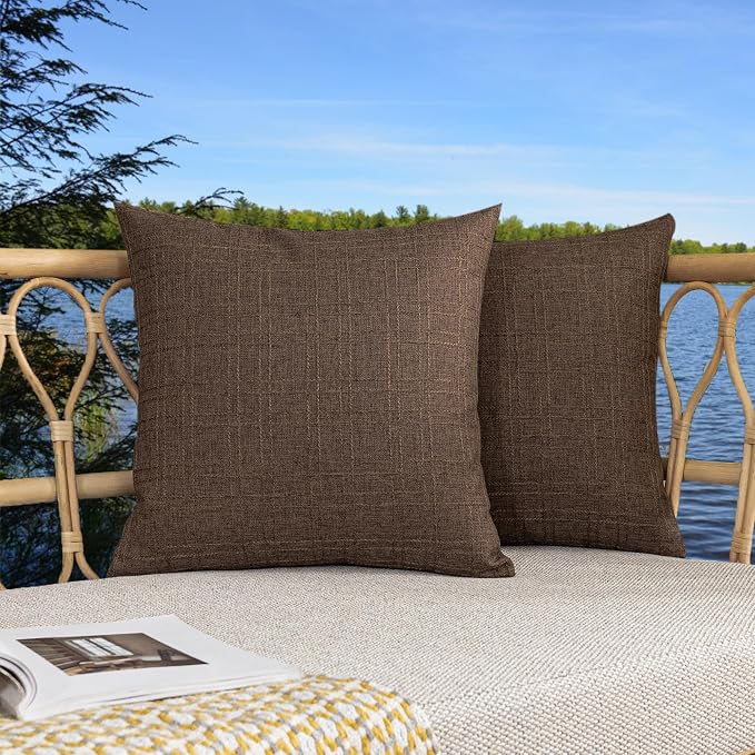 Kevin Textile Outdoor Waterproof 20”x20” Pillow Covers 2 Pack, Brown | Water Resistant, Soft Faux Linen-cotton Yarn-dyed Woven Texture Throw Pillow Covers for Tent Patio Garden Couch Sofa