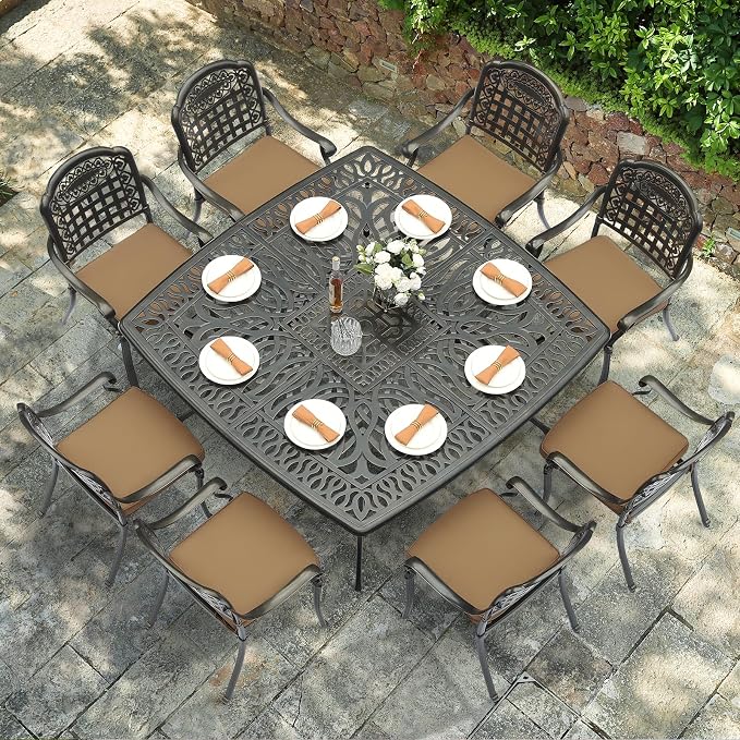 VIVIJASON 9-Piece Outdoor Dining Set, Cast Aluminum Retro Patio Furniture Table and Chairs Set for 8, Include Large 64" Square Dining Table and 8 Chairs with Umbrella Hole for Balcony Garden, Khaki