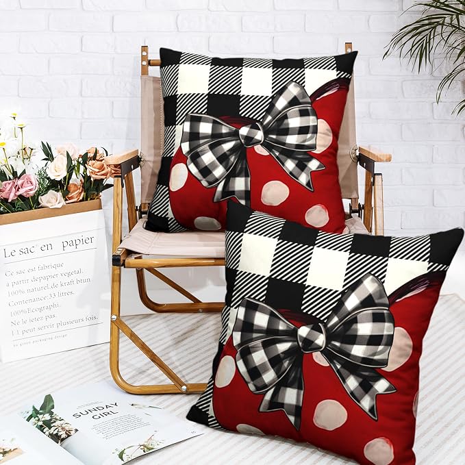 Heart Throw Pillow Covers 18x18 Buffallo Plaid Pillow Covers Polka Dot Red Love Heart with Bow Decorative Pillow Case for Living Room Couch Sofa