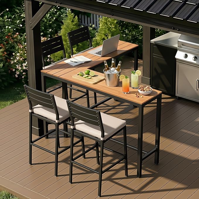 Crestlive Products Outdoor Bar Table, L-Shaped 55'' All-Weather Metal Frame with Slatted Tabletop, Patio Pub Counter Height High Top Table for Balcony, Backyard, Bistro, Garden, and Poolside, Brown