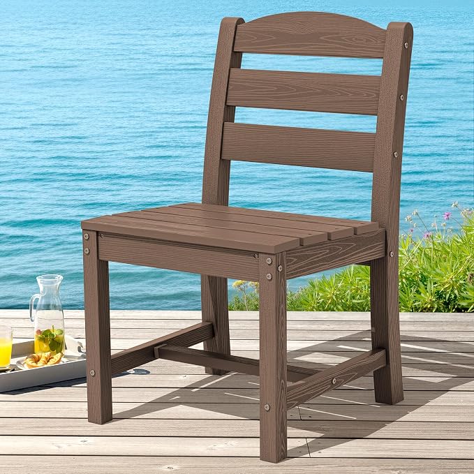 SERWALL Outdoor Armless Dining Chairs Set of 2, All-Weather HDPE Patio Chair with 19.7" Widened Seat, for Backyard, Garden, Brown