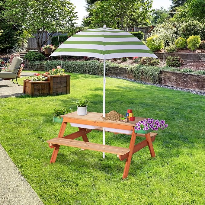 BRINJOY Kids Picnic Table, Outdoor Wooden Table w/Adjustable Umbrella & Garden Bed, 4-in-1 Sand & Water Activity Table w/Built-in Bench & Removable Boxes, Patio, Backyard