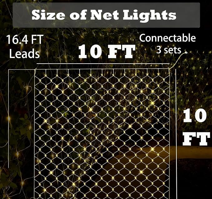 Leisure world 10ft x 10ft 270 LED Net Lights Mesh Fairy String Decorative Outdoor Warm White 8 Modes Net with Remote, Timer for Wedding Christmas Trees, Bushes, Garden, Outdoor Decorations