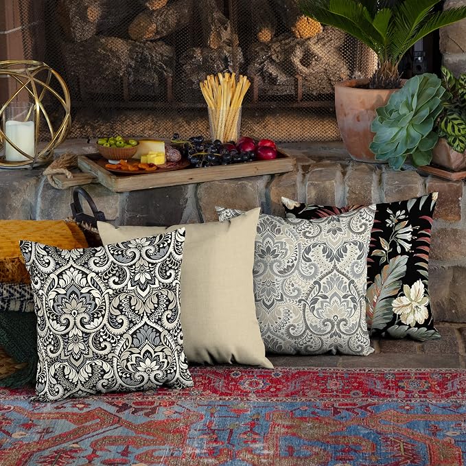 Arden Outdoor Toss Pillow, 16x16, Black Damask | Indoor/Outdoor Décor, Rain-Proof, Fade Resistant, Mold and Mildew Resistant