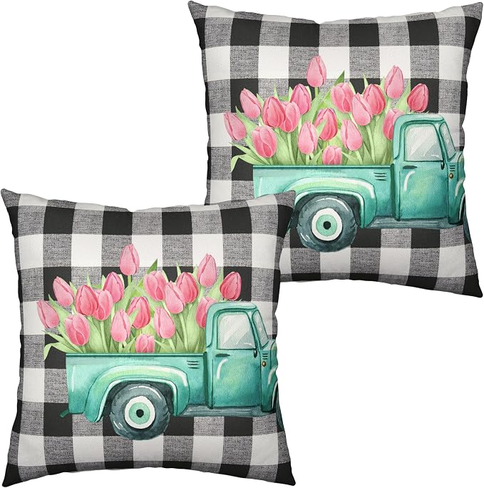 Spring Summer Floral Throw Pillow Covers Pink Tulip Decorative Pillowcase Vintage Blue Truck Cushion Covers 20x20 Set of 2 for Living Room Sofa Car Square Pillow Protectors