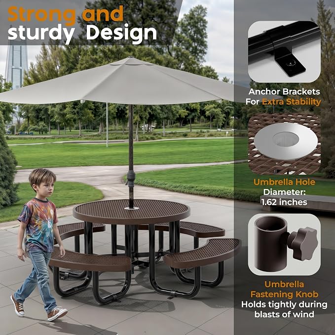Round Metal Picnic Tables for Kids for Outdoors with Umbrella Hole, Adjustable Seats for School, Park, Playground (Brown, 38 in, Kids, Expanded Steel)