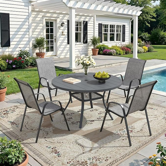 DIFY 5 Piece Outdoor Dining Set, 40" Round Metal Patio Table and Textilene Stackable Chairs for 4, All Weather Patio Furniture Set with Umbrella Hole for Backyard Garden Deck, Grey