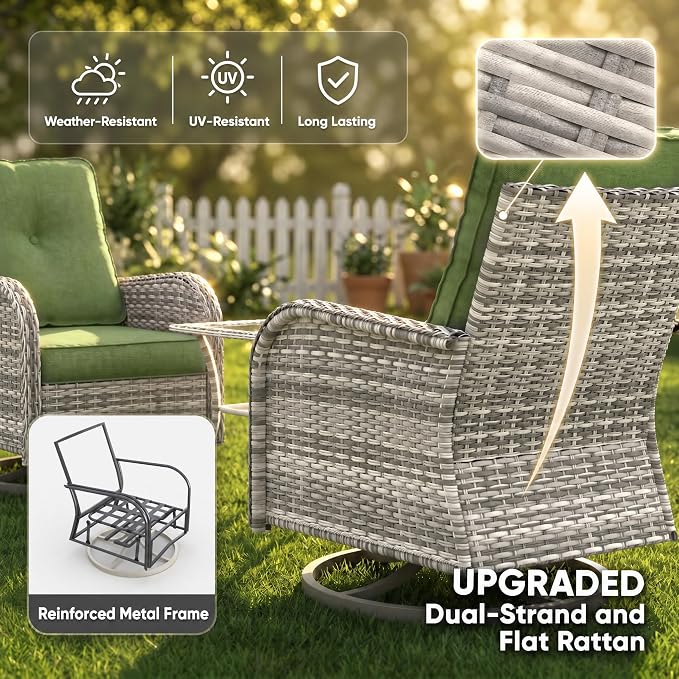11-Piece Small Patio Furniture Set, Outdoor Swivel Rocking Chairs Set with Ottomans, Patio Bistro Set for Balcony, Deck, Porch, Grass Green
