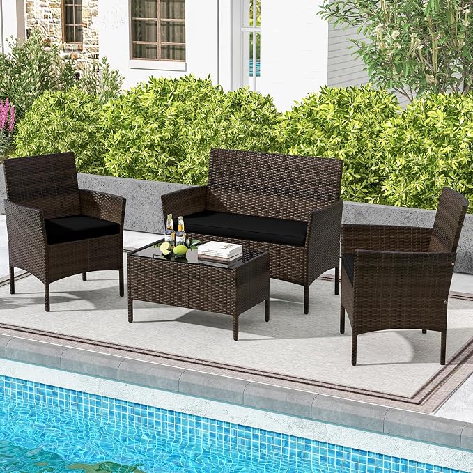 HAPPYGRILL 4 Pieces Outdoor Rattan Conversation Set, Patio Wicker Furniture Set with Loveseat Chairs & Tempered Glass Coffee Table, Outside Sectional Sofa Set for Backyard Garden & Poolside