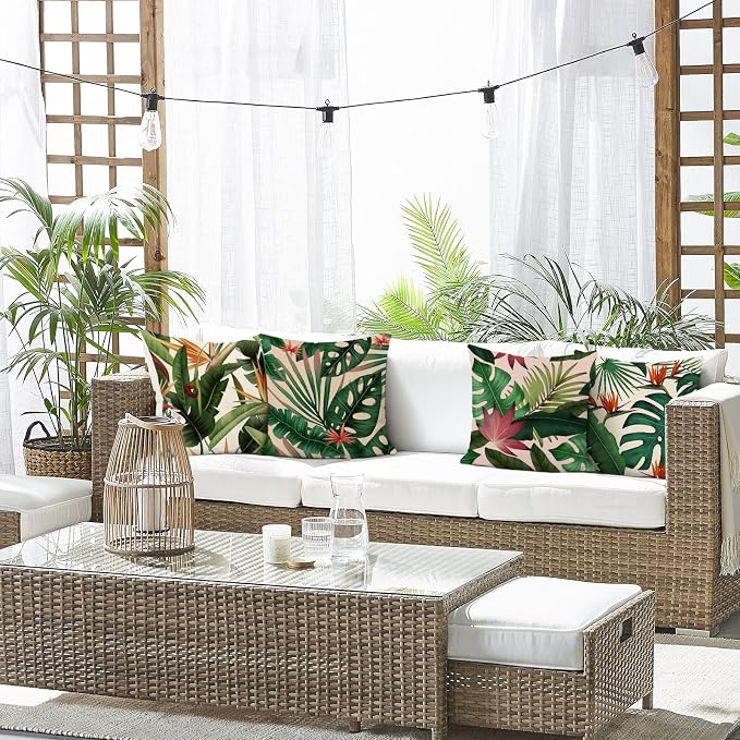 Bonhause Tropical Leaves Throw Pillow Covers 16x16 Set of 4 Green Palm Leaf Monstera Botanical Pillows Case Polyester Linen Cushion Covers for Outdoor Couch Sofa Patio Decor