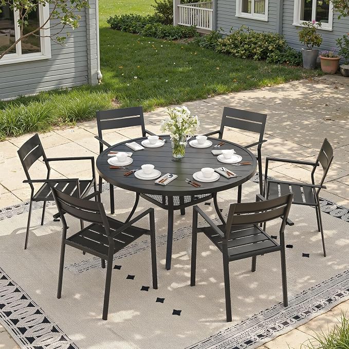 Outdoor Dining Table for 6, 47.2" Round Outdoor Table with Adjustable Umbrella Hole, All-Weather Metal Patio Dining Table for Lawn Garden Backyard Deck, Black