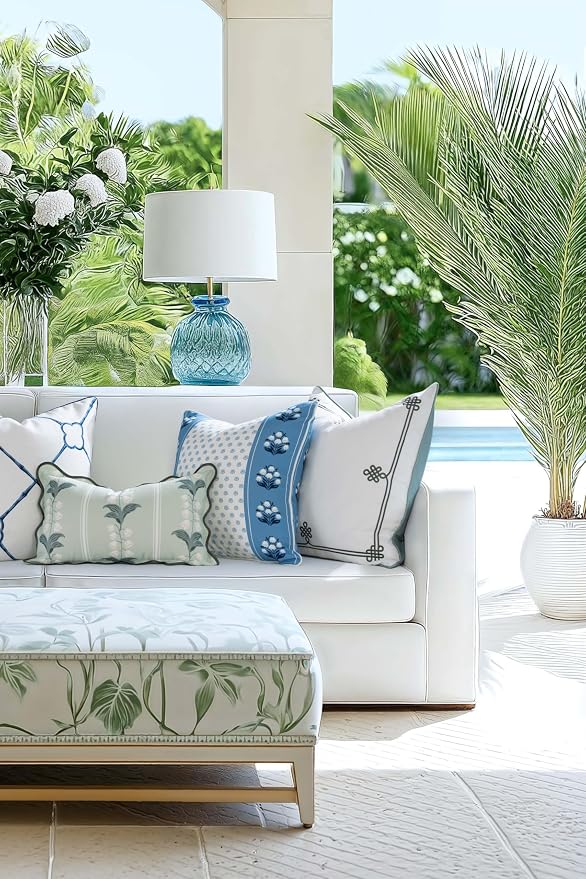 Hofdeco Premium Coastal Hampton Patio Indoor Outdoor Throw Pillow Cover Only, 20"x20" Water Repellent for Backyard, Couch, Poolside, Azure Blue Print Block Print Striped Lily of the Valley