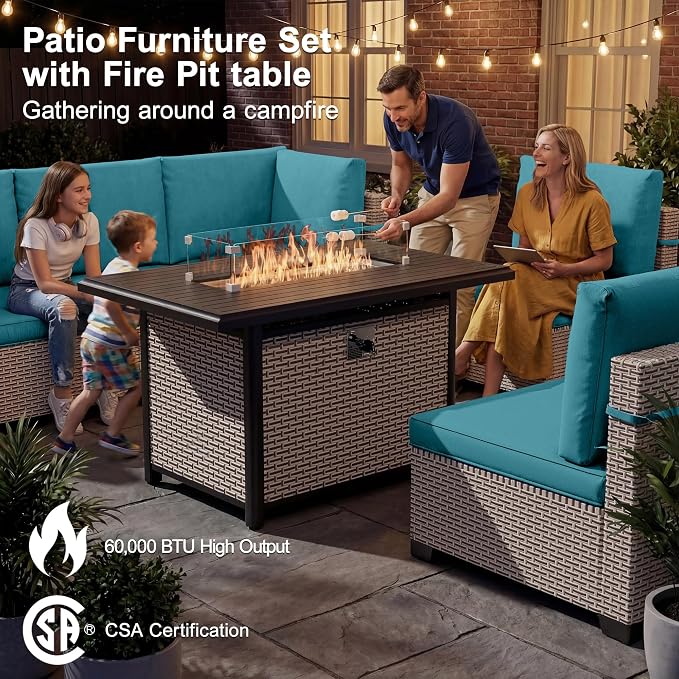 Patio Furniture Set, 8-Piece Outdoor Sectional Sofa with 60,000 BTU Fire Pit Table & 2-Layer Glass Coffee Table, Wicker Patio Conversation Set with Cyan Cushions
