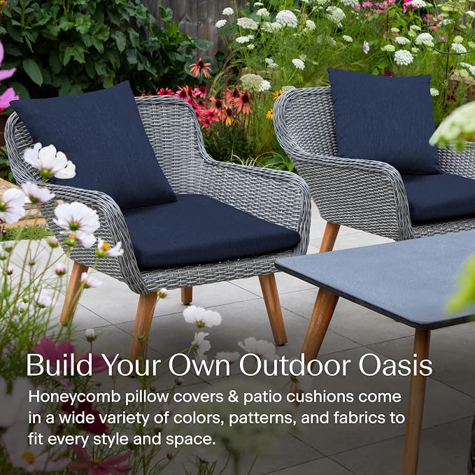 Honeycomb Outdoor Square Toss Pillow Covers, 18 x 18, 2-Pack | Textured Solid Indigo Blue Slipcovers, Water & Fade Resistant for Patio Furniture Set, Cover Only, No Insert
