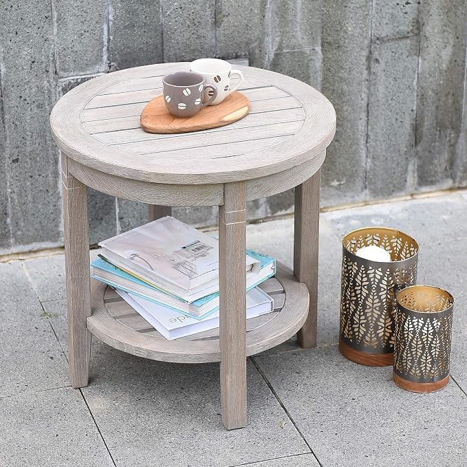 Cambridge Casual Arie Teak Wood Outdoor Round Side Table, 18 Inch/Weathered Gray